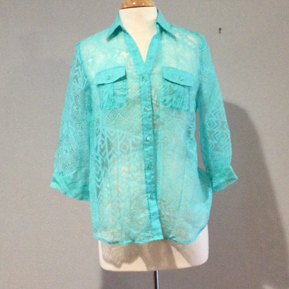 Chico’s Button Front Collared 3/4 Sleeve Turquoise Sheer Shirt Size 0/S/4